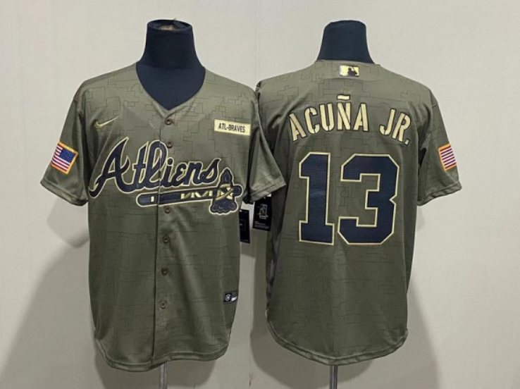 Men's Atlanta Braves #13 Ronald Acuña Jr. 2021 Camo Salute To Service Cool Base Stitched Jersey Men's Atlanta Braves #13 Ronald Acuña Jr. 2021 Camo Salute To Service Cool Base Stitched Jersey